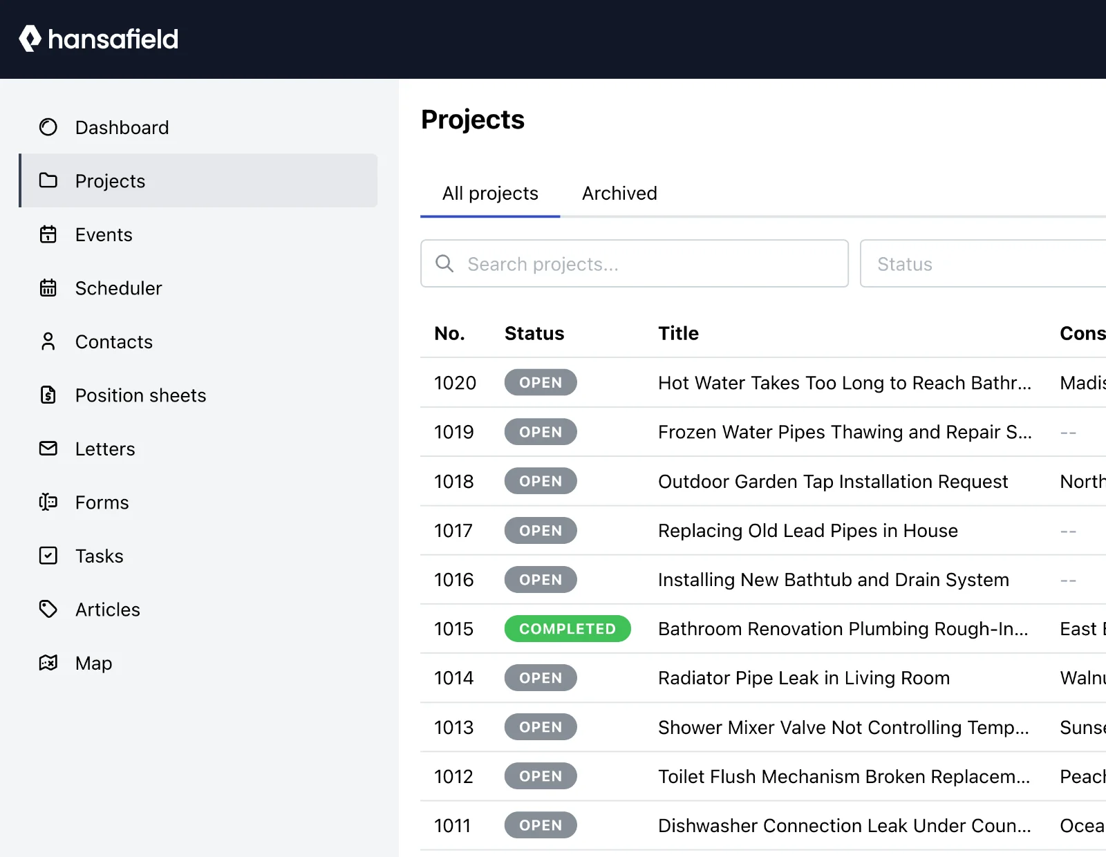 Hansafield dashboard